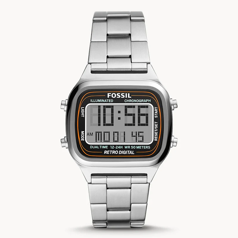 Fossil Retro Digital Silver Dial Silver Steel Strap Watch
